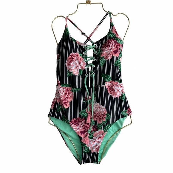 👙Mossimo One Piece Swimsuit Sz M Women Bathing suit Multi Stripe Roses Black - Picture 1 of 8